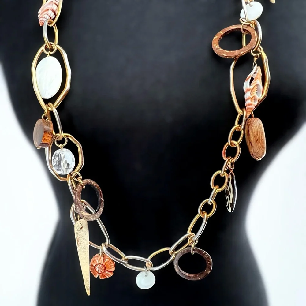 Vtg RJ Graziano Beachy Chain Link Charm Necklace Natural Worn Gold Plated Tribal
